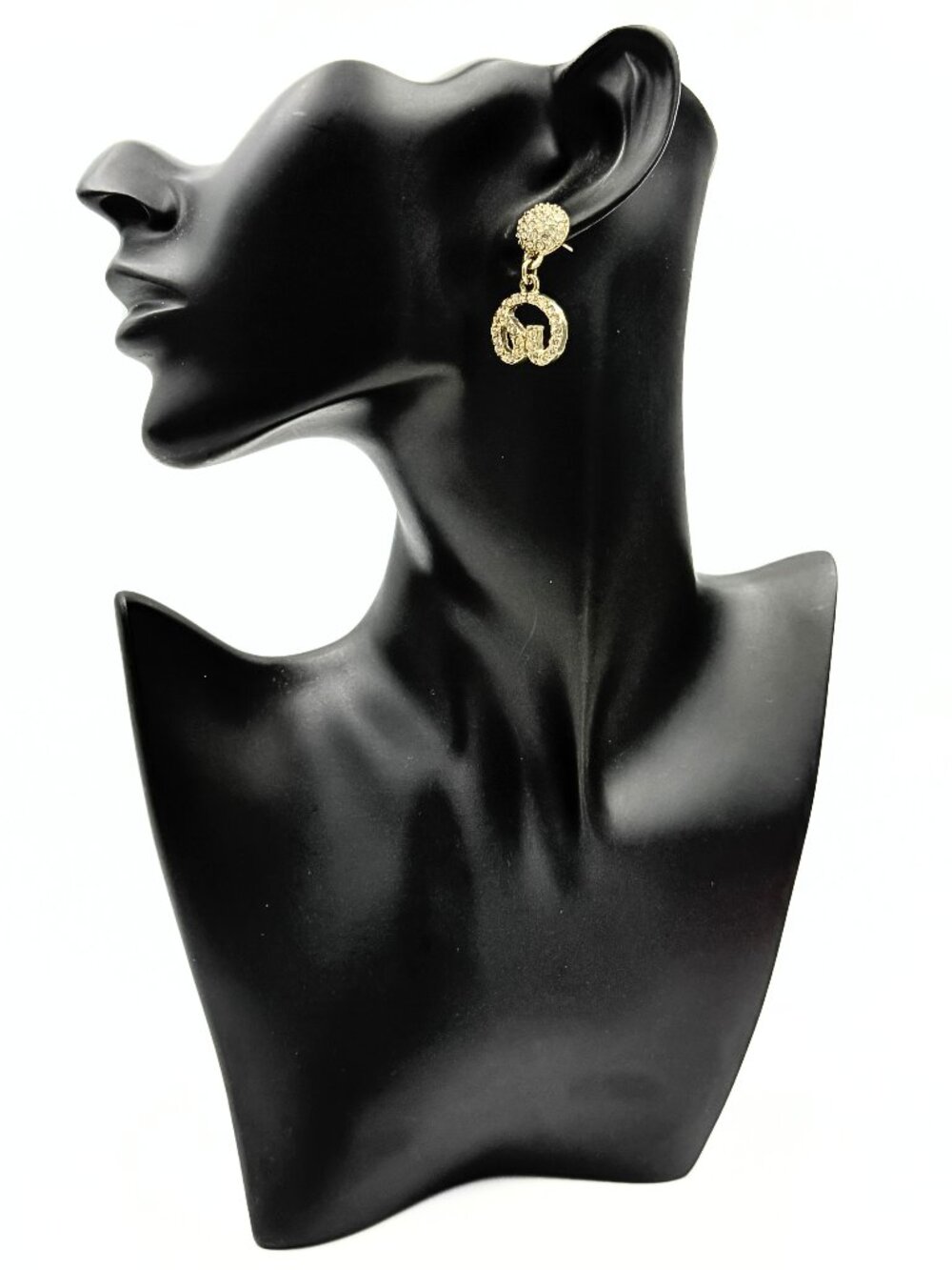 St John Designer Signed Gold Plated Logo Rhinestone Pavé Post Dangle Earrings